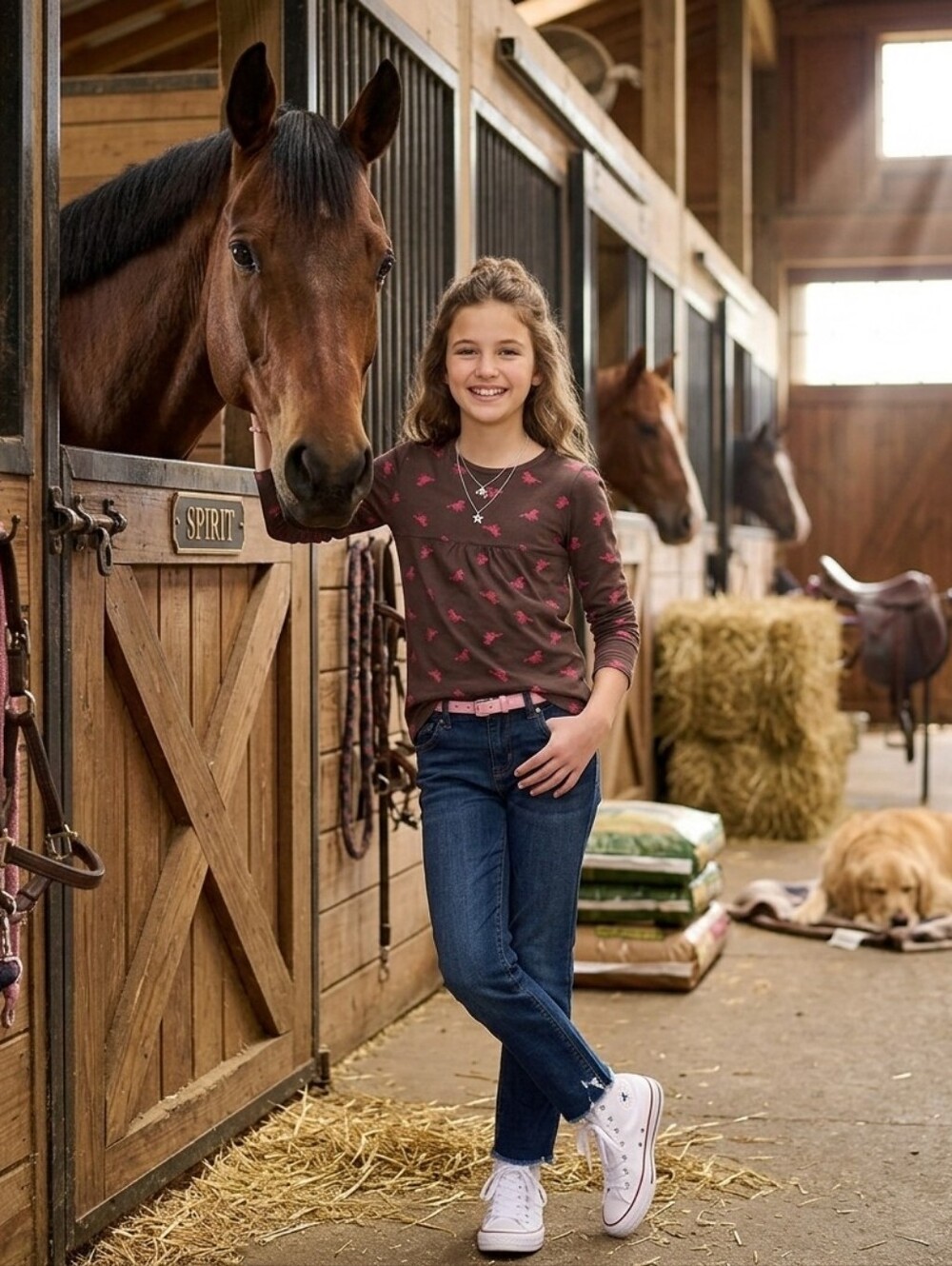 Girls' Brown Horse-Print Long-Sleeve Top